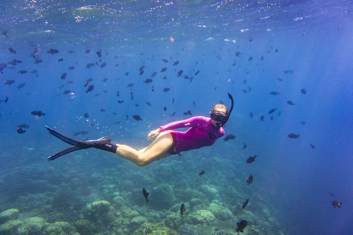 Woman in pink snorkelling on Christmas Island with fish