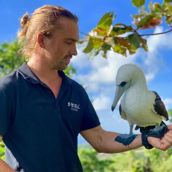 Man holding Blue Footed Booby on Christmas Island