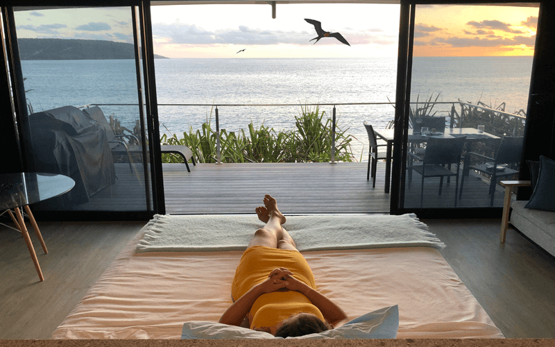 View from the king bed at Swell Lodge ecolodge on Christmas Island honeymoon destination